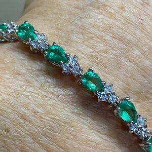 Emerald Green Stone & Diamond Accent Tennis Bracelet | 925 Sterling Silver